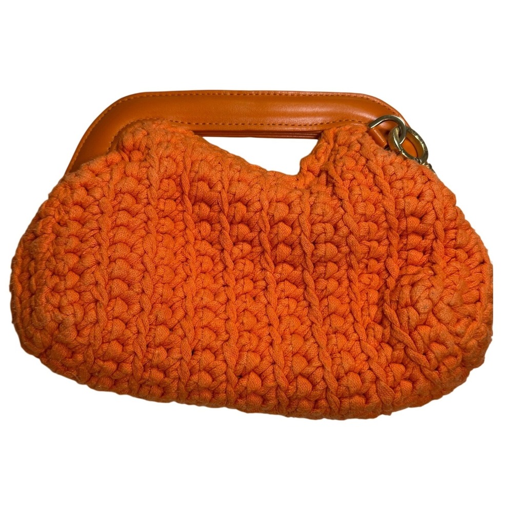 Kooreloo Orange Crochet Leather Frame Clutch Bag with Chain Strap Womens